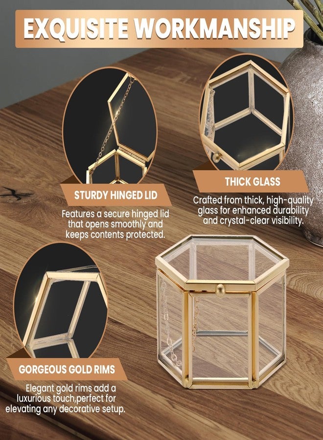 AMGSH Golden Vintage Glass Keepsake Box | Jwelry Lidded Box Decorative Glass Boxes for Display,Clear Hexagonal Box Rings Bracelet Earring Organizer - Image 3